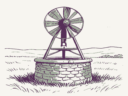 Decorative drawing: a farm wind pump with a many-bladed fan over a stone well head. Not a photograph of this place.