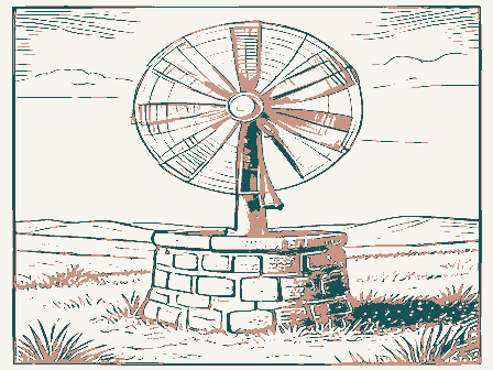 Decorative drawing: a farm wind pump with a many-bladed fan over a stone well head. Not a photograph of this place.