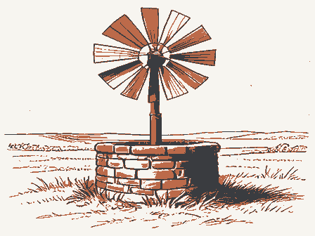 Decorative drawing: a farm wind pump with a many-bladed fan over a stone well head. Not a photograph of this place.
