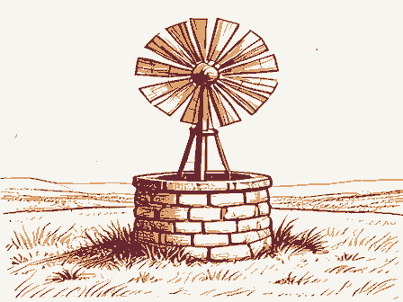 Decorative drawing: a farm wind pump with a many-bladed fan over a stone well head. Not a photograph of this place.
