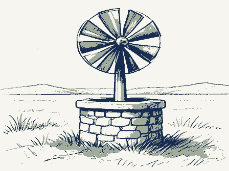 Decorative drawing: a farm wind pump with a many-bladed fan over a stone well head. Not a photograph of this place.
