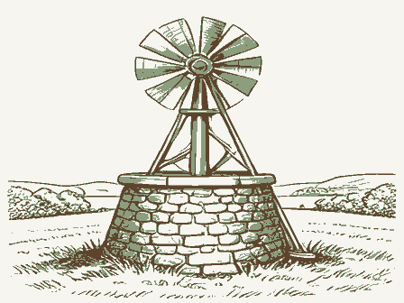 Decorative drawing: a farm wind pump with a many-bladed fan over a stone well head. Not a photograph of this place.
