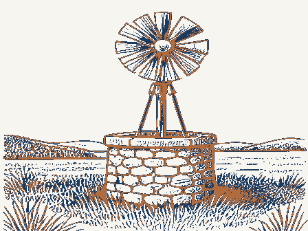 Decorative drawing: a farm wind pump with a many-bladed fan over a stone well head. Not a photograph of this place.