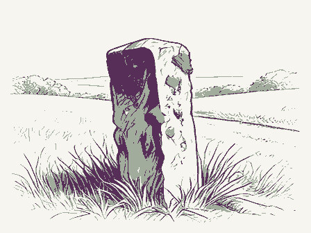 Decorative drawing: a weathered stone boundary post leaning slightly at a roadside, moss on its shoulder and.... Not a photograph of this place.