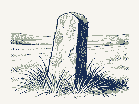 Decorative drawing: a weathered stone boundary post leaning slightly at a roadside, moss on its shoulder and.... Not a photograph of this place.