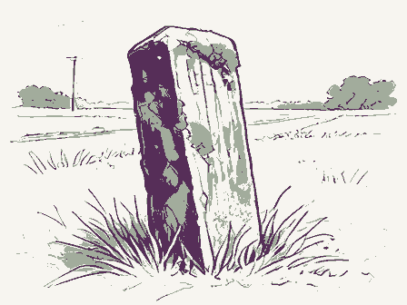 Decorative drawing: a weathered stone boundary post leaning slightly at a roadside, moss on its shoulder and.... Not a photograph of this place.