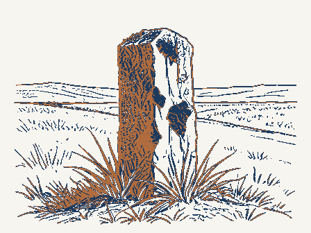 Decorative drawing: a weathered stone boundary post leaning slightly at a roadside, moss on its shoulder and.... Not a photograph of this place.