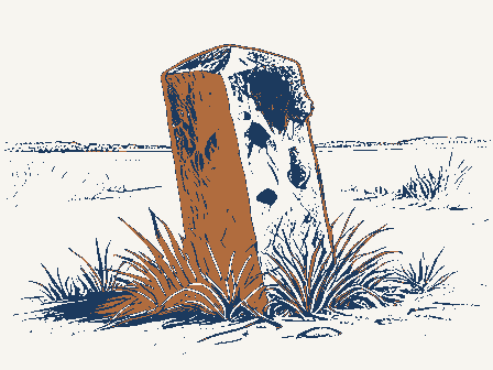 Decorative drawing: a weathered stone boundary post leaning slightly at a roadside, moss on its shoulder and.... Not a photograph of this place.