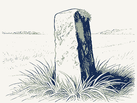 Decorative drawing: a weathered stone boundary post leaning slightly at a roadside, moss on its shoulder and.... Not a photograph of this place.