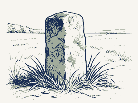 Decorative drawing: a weathered stone boundary post leaning slightly at a roadside, moss on its shoulder and.... Not a photograph of this place.