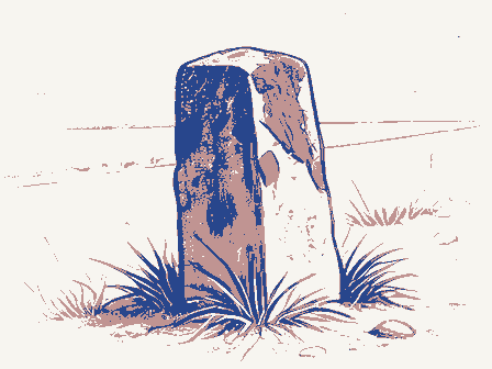 Decorative drawing: a weathered stone boundary post leaning slightly at a roadside, moss on its shoulder and.... Not a photograph of this place.