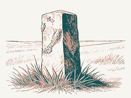 Decorative drawing: a weathered stone boundary post leaning slightly at a roadside, moss on its shoulder and.... Not a photograph of this place.