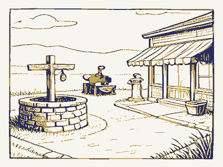 Decorative drawing: a village crossroads. Not a photograph of this place.