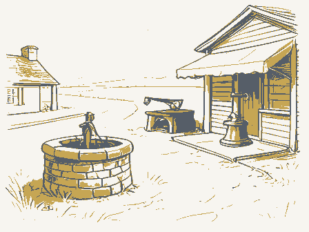 Decorative drawing: a village crossroads. Not a photograph of this place.