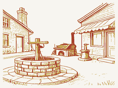 Decorative drawing: a village crossroads. Not a photograph of this place.