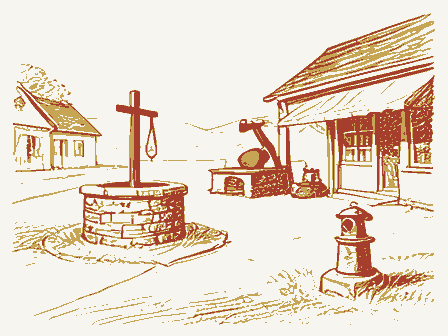 Decorative drawing: a village crossroads. Not a photograph of this place.