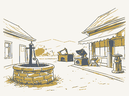 Decorative drawing: a village crossroads. Not a photograph of this place.