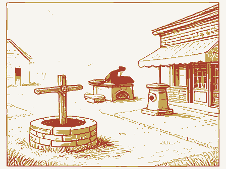 Decorative drawing: a village crossroads. Not a photograph of this place.