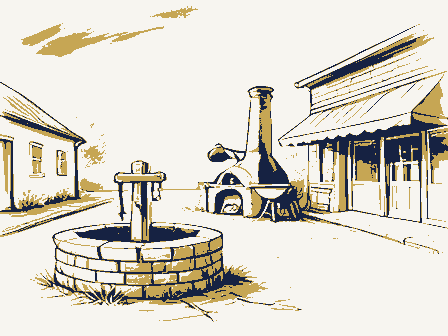 Decorative drawing: a village crossroads. Not a photograph of this place.