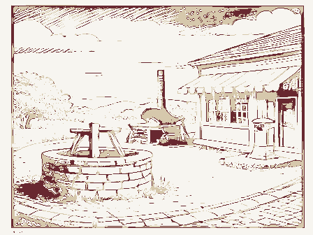 Decorative drawing: a village crossroads. Not a photograph of this place.