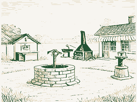 Decorative drawing: a village crossroads. Not a photograph of this place.