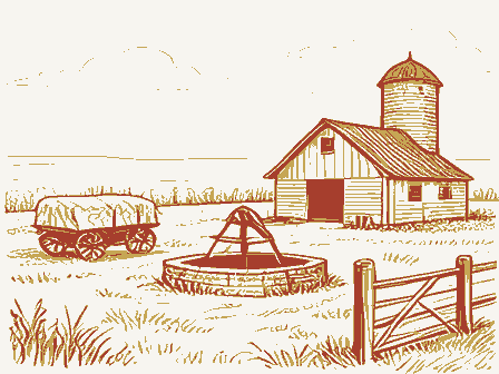 Decorative drawing: open farmland. Not a photograph of this place.