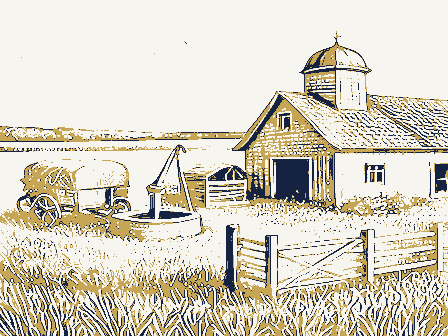Decorative drawing: open farmland. Not a photograph of this place.