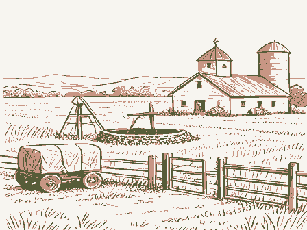 Decorative drawing: open farmland. Not a photograph of this place.