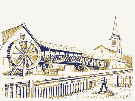 Decorative drawing: a farm township drawn in detail. Not a photograph of this place.