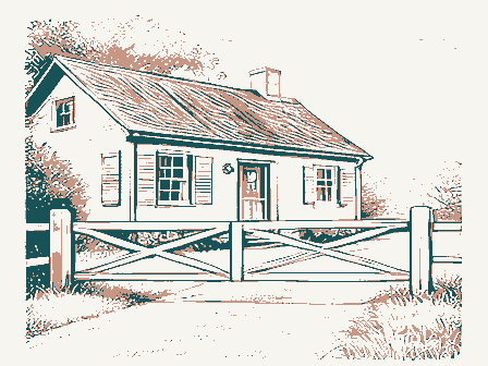 Decorative drawing: a toll house with a weighted gate bar across a plank road, its keeper's window shuttered. Not a photograph of this place.