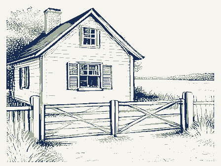Decorative drawing: a toll house with a weighted gate bar across a plank road, its keeper's window shuttered. Not a photograph of this place.