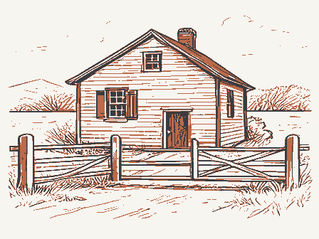 Decorative drawing: a toll house with a weighted gate bar across a plank road, its keeper's window shuttered. Not a photograph of this place.