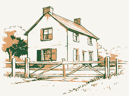 Decorative drawing: a toll house with a weighted gate bar across a plank road, its keeper's window shuttered. Not a photograph of this place.