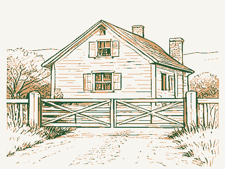 Decorative drawing: a toll house with a weighted gate bar across a plank road, its keeper's window shuttered. Not a photograph of this place.
