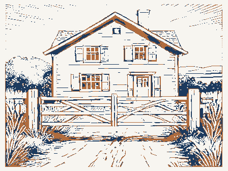 Decorative drawing: a toll house with a weighted gate bar across a plank road, its keeper's window shuttered. Not a photograph of this place.