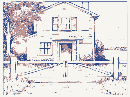 Decorative drawing: a toll house with a weighted gate bar across a plank road, its keeper's window shuttered. Not a photograph of this place.