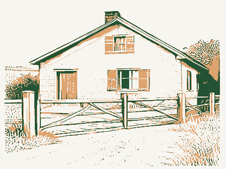 Decorative drawing: a toll house with a weighted gate bar across a plank road, its keeper's window shuttered. Not a photograph of this place.