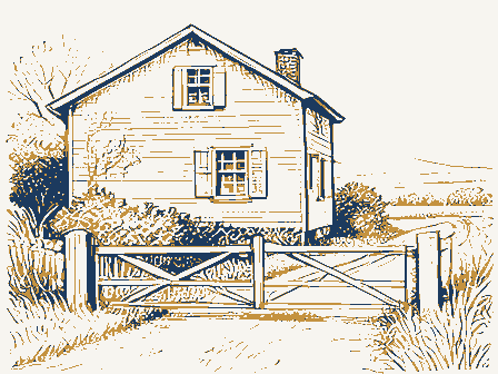 Decorative drawing: a toll house with a weighted gate bar across a plank road, its keeper's window shuttered. Not a photograph of this place.