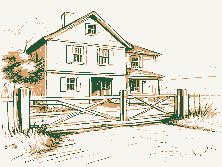Decorative drawing: a toll house with a weighted gate bar across a plank road, its keeper's window shuttered. Not a photograph of this place.
