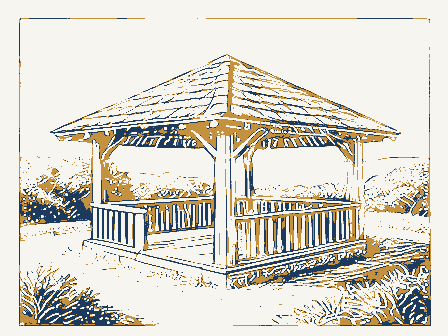 Decorative drawing: a bandstand gazebo with a shingled roof on a town green. Not a photograph of this place.