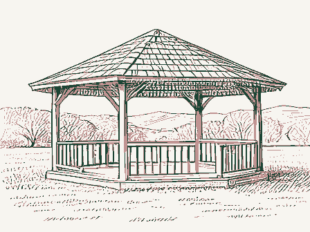 Decorative drawing: a bandstand gazebo with a shingled roof on a town green. Not a photograph of this place.