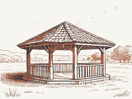 Decorative drawing: a bandstand gazebo with a shingled roof on a town green. Not a photograph of this place.