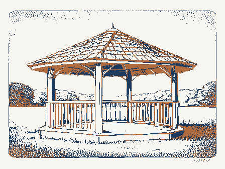 Decorative drawing: a bandstand gazebo with a shingled roof on a town green. Not a photograph of this place.