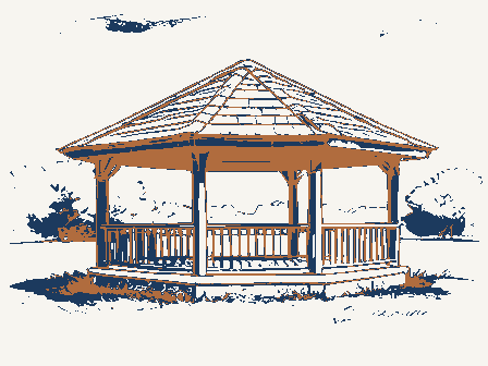 Decorative drawing: a bandstand gazebo with a shingled roof on a town green. Not a photograph of this place.