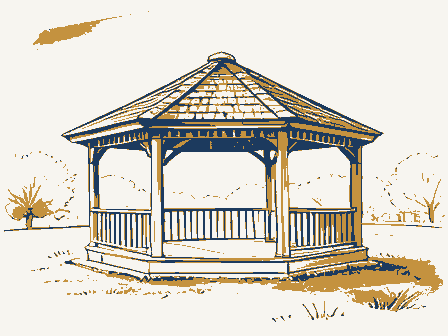 Decorative drawing: a bandstand gazebo with a shingled roof on a town green. Not a photograph of this place.