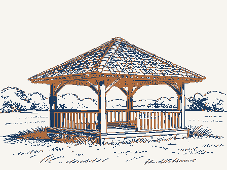 Decorative drawing: a bandstand gazebo with a shingled roof on a town green. Not a photograph of this place.
