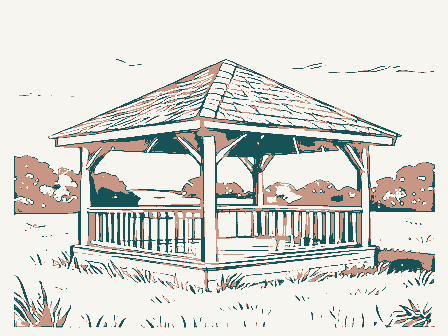 Decorative drawing: a bandstand gazebo with a shingled roof on a town green. Not a photograph of this place.