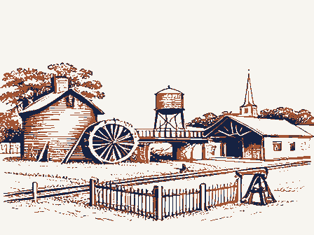 Decorative drawing: a farm township drawn in detail. Not a photograph of this place.