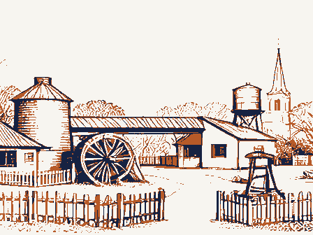 Decorative drawing: a farm township drawn in detail. Not a photograph of this place.