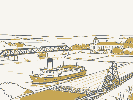 Decorative drawing: a county panorama. Not a photograph of this place.